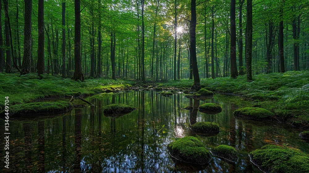 Tranquil forest stream. Lush green trees line a placid stream reflecting the sunlight Tranquil forest stream. Lush green trees line a placid stream reflecting the sunlight