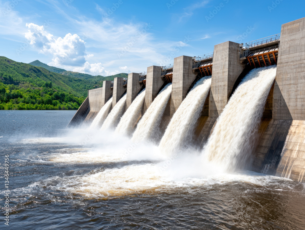 hydroelectric dam releases water with force, surrounded by lush green hills under clear blue sky hydroelectric dam releases water with force, surrounded by lush green hills under clear blue sky
