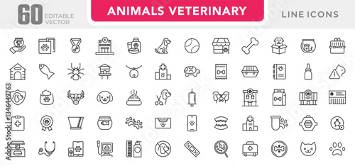 Veterinary, pet, vet, pet shop, dog care, training, cat, food line icons set collection. Outline icon collection. Pets line icons. Lovely animals icon pack. Vaccine, pet care, and dog paw