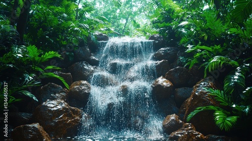 Lush waterfall cascading over rocks in a tropical garden