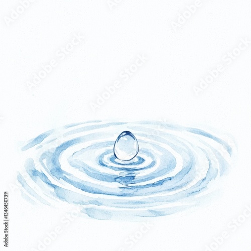 A serene watercolor depiction of a water droplet creating ripples on a surface. This artwork evokes feelings of tranquility and purity, ideal for soothing themes.