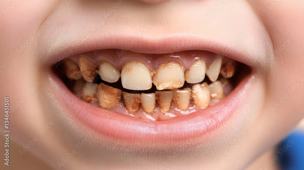 Obraz premium Child's decayed teeth, close-up, dental hygiene, health issue, background blurred
