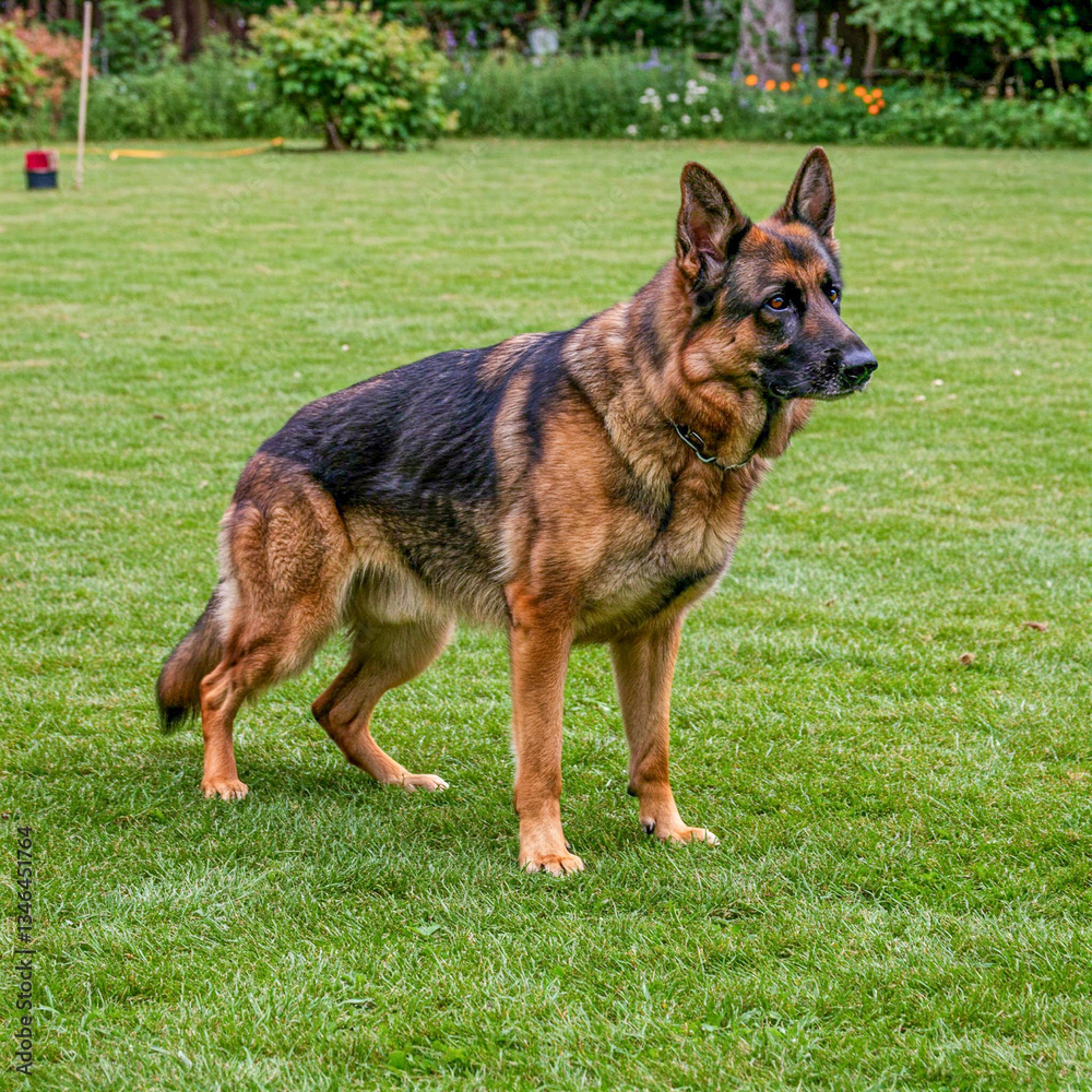 German Shepherd Standing Alert on a Well-Maintained Lawn, Focused and Ready for Action in a Sunny green Field German Shepherd Standing Alert on a Well-Maintained Lawn, Focused and Ready for Action in a Sunny green Field