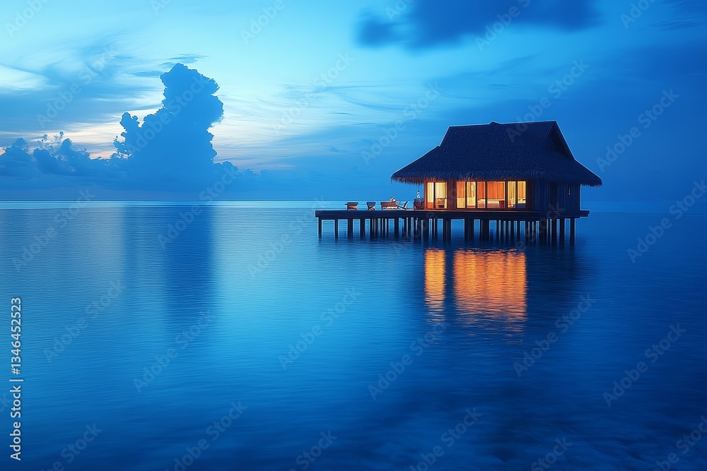 Blue hour at a tropical island with a traditional Maldivian house on the water, pier, and reflections in the calm sea. Blue hour at a tropical island with a traditional Maldivian house on the water, pier, and reflections in the calm sea.