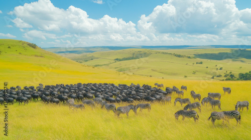 Herds of zebras and buffalo grazing in lush green fields