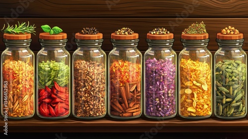 Colorful glass jars filled with aromatic spices on wooden shelf