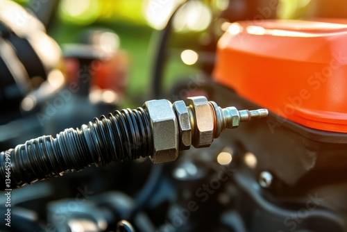 Close-up of engine component with bolt and orange cover in sunlight