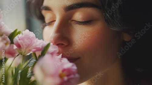 National Sense of Smell Day. A close-up portrait of a woman with eyes closed inhaling the fragrance of a bouquet of fresh spring flowers