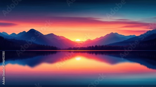 Serene sunset over mountainous lake with vibrant reflections and tranquil atmosphere