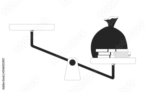 Money bag on tilted balance scale 2D line object. Wealth inequality. Financial disparity. Cash stacks coins weighing down isolated clipart vector ink outline item. Monochrome spot illustration