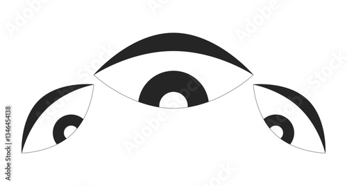 Three stylized surveillance eyes watching 2D line object. Big brother. Privacy concerns. Monitoring, observation. Looking gaze isolated clipart vector ink outline item. Monochrome spot illustration