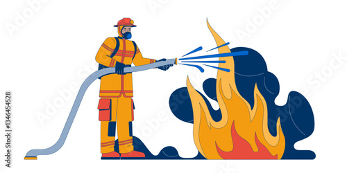 Firefighter extinguishing large fire 2D vector illustration. Fireman in protective gear spraying water from fire hose to flames flat character isolated on white background. Colorful cartoon image