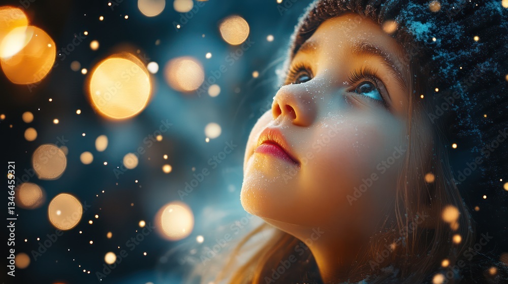 Child, winter, wonder, snow, night, lights, bokeh, forest, gazing, card Child, winter, wonder, snow, night, lights, bokeh, forest, gazing, card