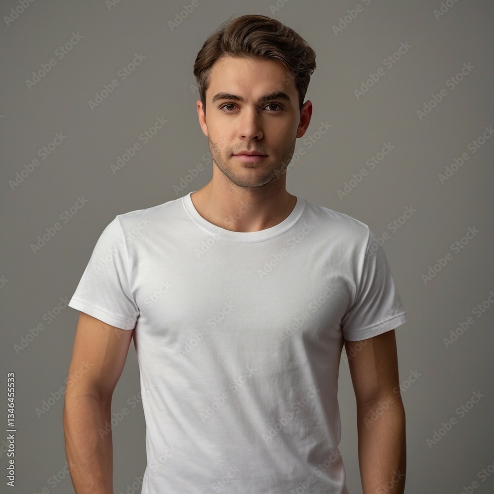 Fototapeta premium Plain white t-shirt mockup displayed on a matte white mannequin torso, front view, smooth clean cotton texture with realistic soft wrinkles, 