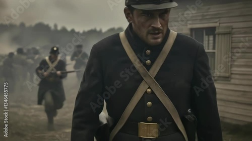 Caucasian man in Civil War era uniform on battlefield. Historical reenactment of American conflict. Cinematic scene for Memorial Day, Veterans Day.