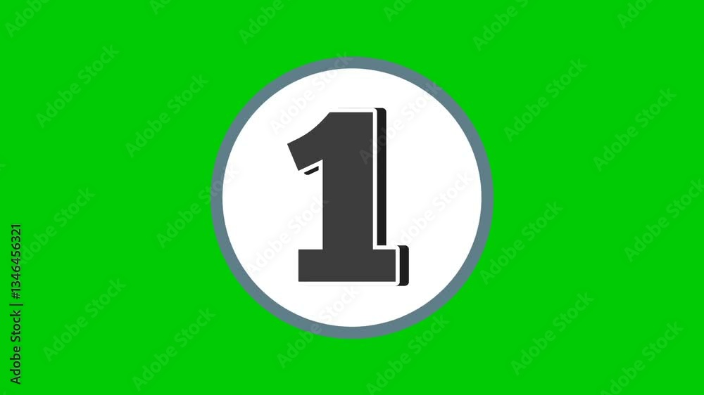 Number 1 one symbol sign animation motion graphics cartoon black color on green screen background.numbers in white circle suitable for video elements