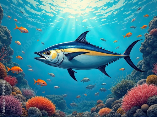 Tuna Swimming in Kelp and Seaweed Forest