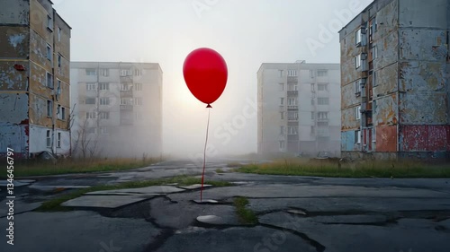 Red Balloon in Foggy Urban Landscape An Abandoned Mystery Unveiled