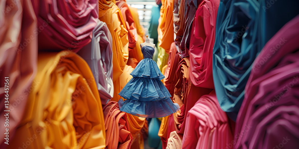 Fototapeta premium Elegant Blue Dress Displayed Among Stacks of Colorful Fabrics | Fashion Inspiration with Designer Gown in Textile Warehouse | Creative Dress Concept in a Fabric-Filled Fashion Studio
