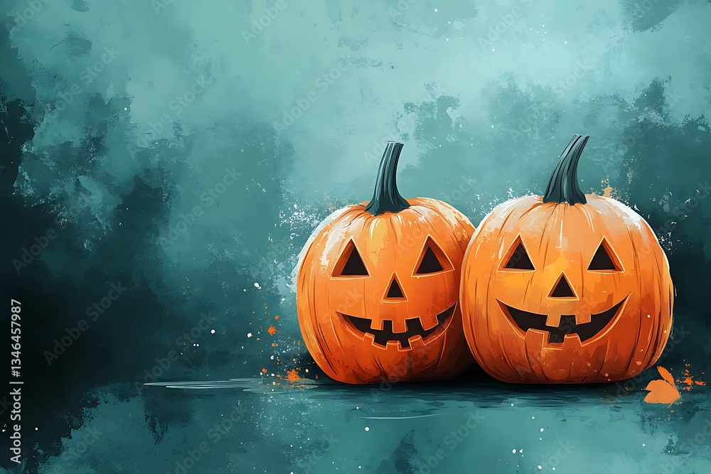 Naklejka premium Happy Halloween Jack-o'-Lanterns Two Smiling Pumpkins on Teal Background