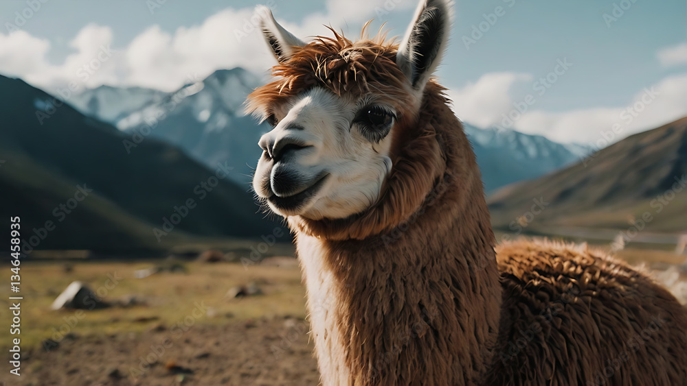 Obraz premium Portrait of a Smiling Alpaca in the Mountains Landscape