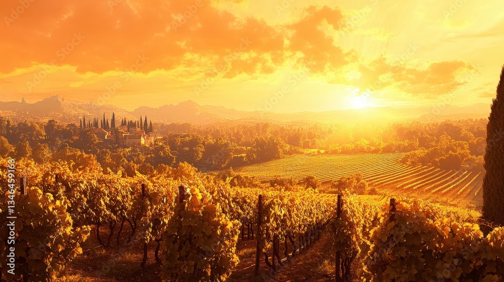 Fototapeta premium A sunset over a sprawling vineyard, with the golden rays of the sun casting long shadows over the grapevines, as the sky turns into a soft orange glow.