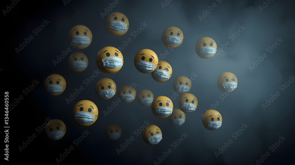 colorful smiling emojisflying up on dark background with copyspace mental health, social media, and emotional communications colorful smiling emojisflying up on dark background with copyspace mental health, social media, and emotional communications