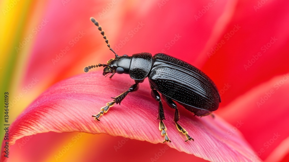 Fototapeta premium Black beetle crawling red tulip petal, macro, spring bloom, nature, insect photography
