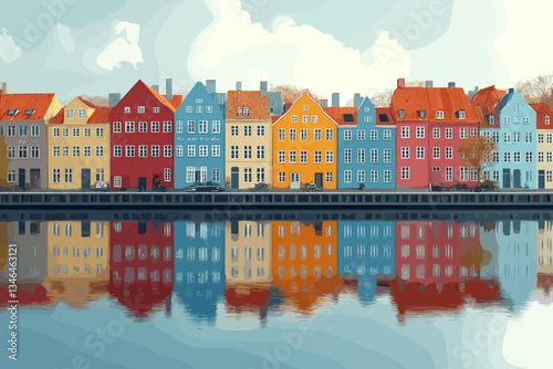 Colorful Scandinavian waterfront houses reflecting on calm water. Charming European cityscape with traditional architecture, vibrant colors, and a peaceful atmosphere. Nyhavn in copenhagen