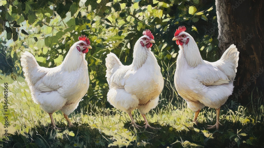 Fototapeta premium Three white hens in a sunny meadow