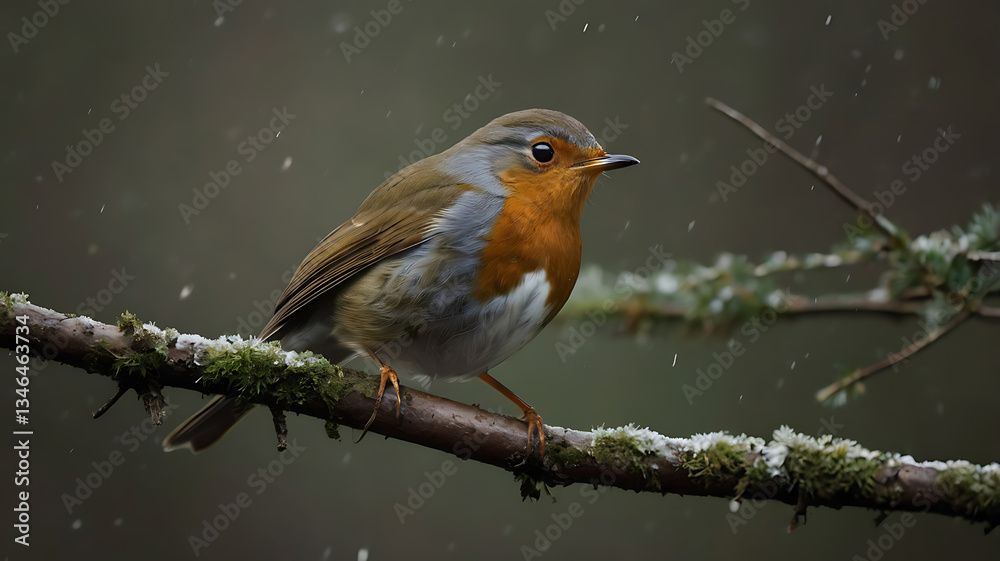 Robin Perched on Snowy Branch During a Winter Snowfall Robin Perched on Snowy Branch During a Winter Snowfall