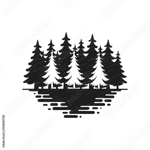 Pine trees near lake icon vector in black color with white background