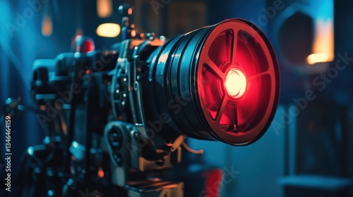 Film camera rolling, red light, studio set, movie production