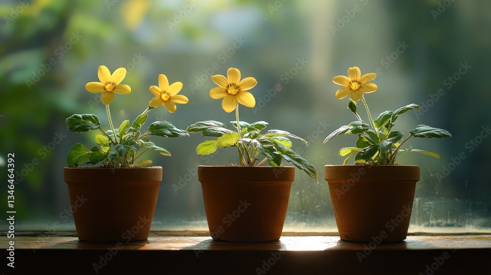 Three yellow flowers potted plants on windowsill, sunlit garden background, home decor Three yellow flowers potted plants on windowsill, sunlit garden background, home decor