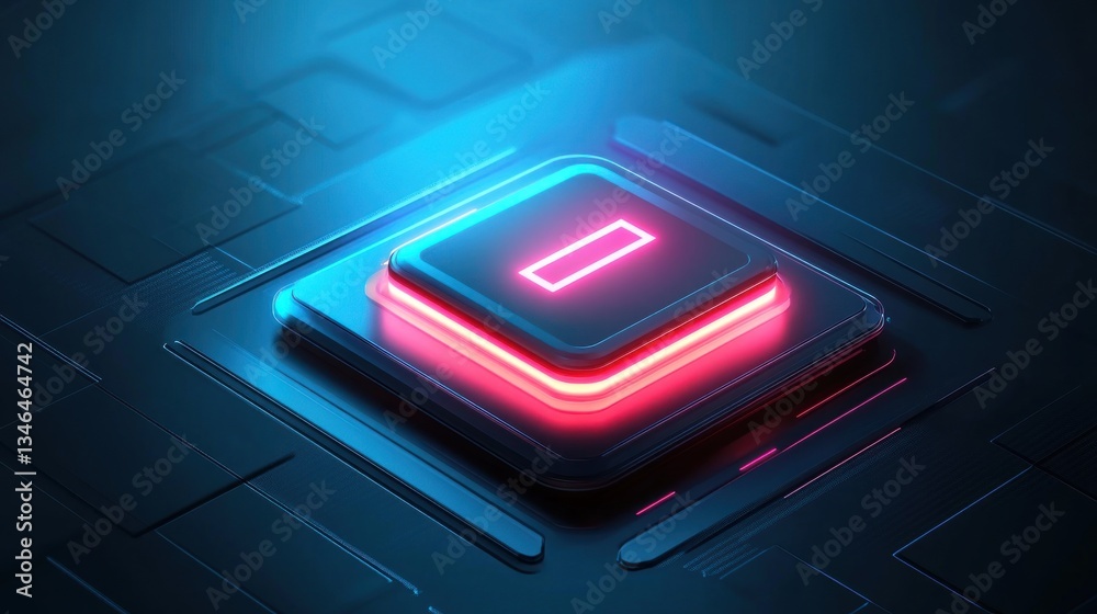 Naklejka premium Futuristic Glowing Square Chip with Neon Lights on a Dark Background