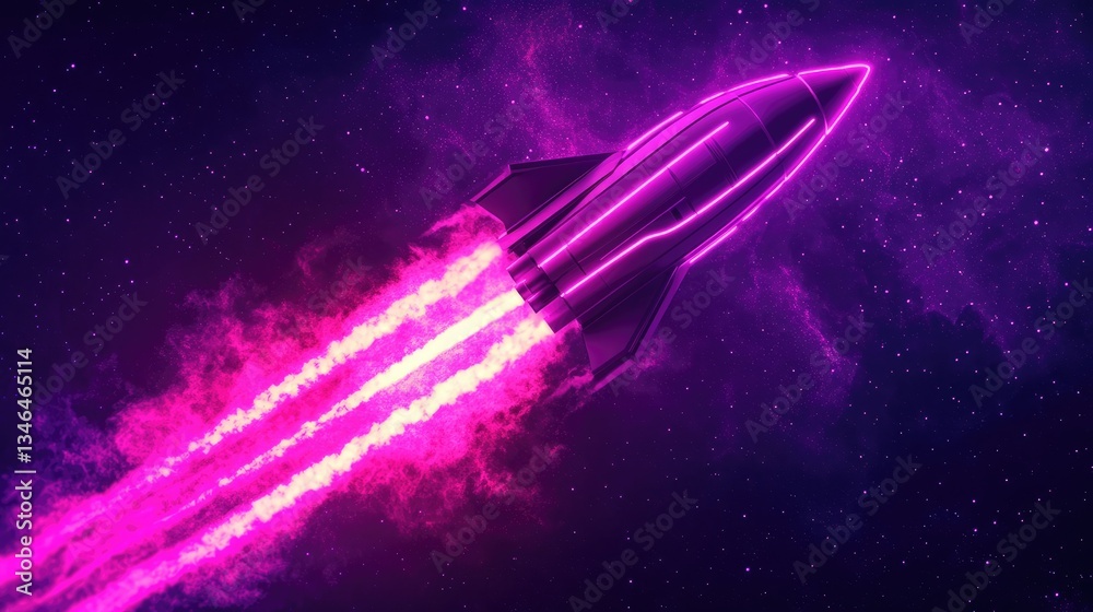Rocket made of neon lines glowing against a deep purple and pink cosmic background Rocket made of neon lines glowing against a deep purple and pink cosmic background