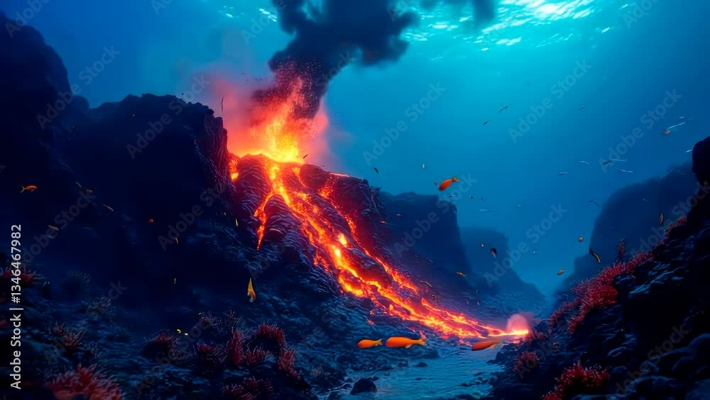 Underwater Volcano Eruption: Molten Lava Flow and Marine Life 4K Underwater Volcano Eruption: Molten Lava Flow and Marine Life 4K