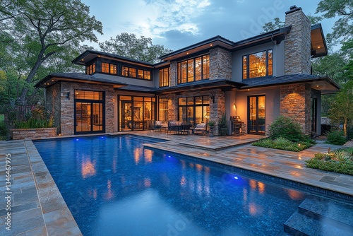 Nighttime view of outdoor swimming pool and patio area with blue lighting  stone bricks  landscaping  and garden lights.