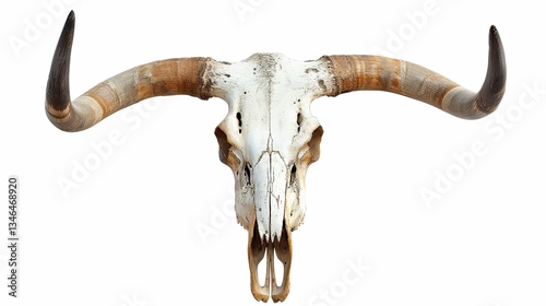 Bull skull with long horns isolated on a white background.