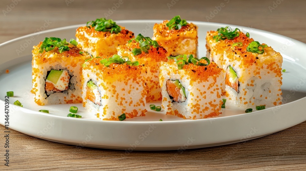 A plate of sushi presented on a rustic wooden table with natural lighting. A plate of sushi presented on a rustic wooden table with natural lighting.