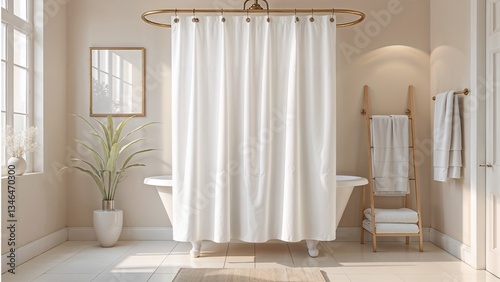 A bright, minimalist bathroom showcasing a white shower curtain with subtle folds. The high-quality polyester liner creates a clean, waterproof barrier, making it a perfect mockup for bath décor 