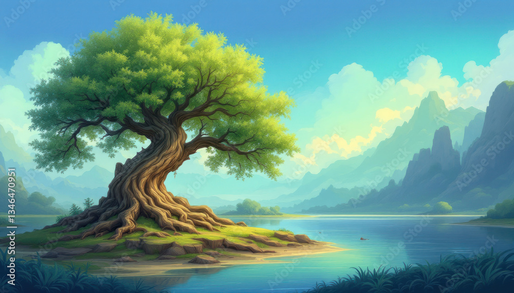 Tranquil Lakeside Serenity: Ancient Tree by the Calm Waters Tranquil Lakeside Serenity: Ancient Tree by the Calm Waters