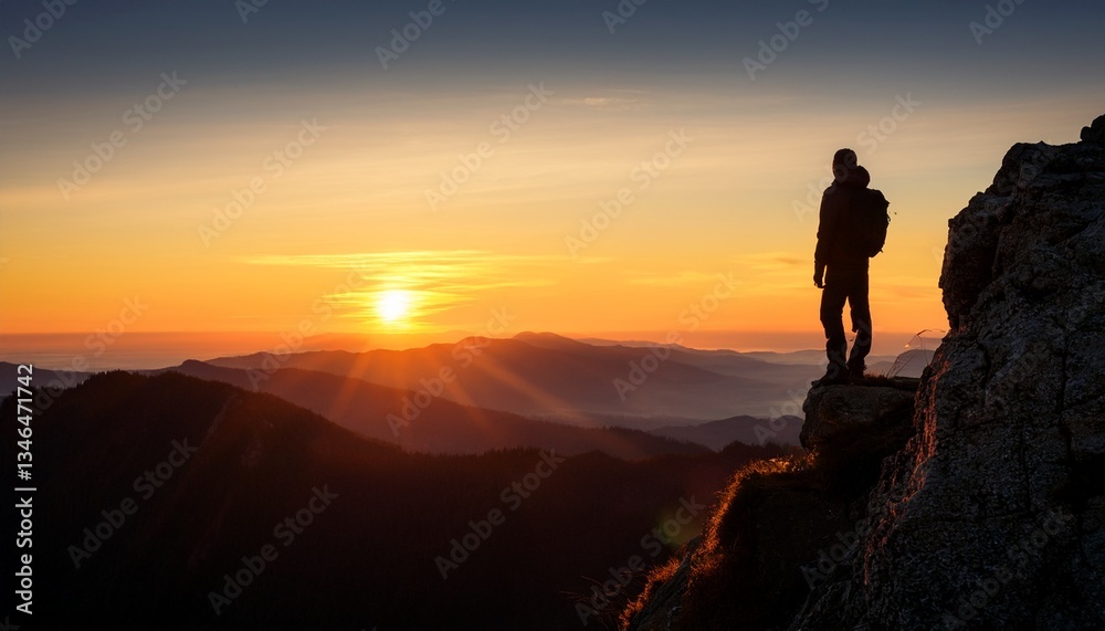 Fototapeta premium Silhouette of a lone traveler watching sunrise from a mountain peak. Semi-realistic cinematic scene emphasizing vast landscapes, golden light, and solitude at high altitude.
