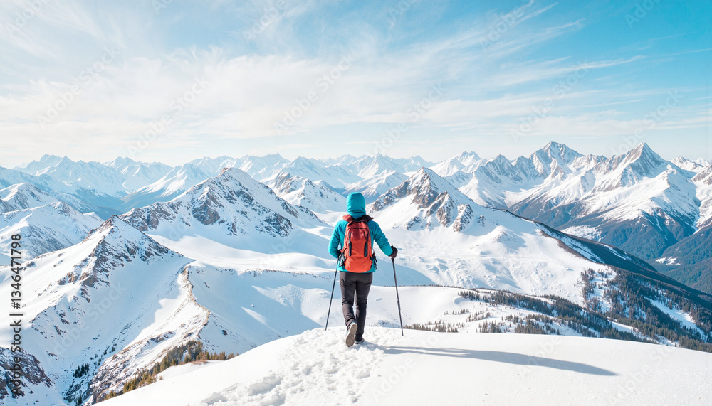 Hiker enjoying scenic view on snowy mountain landscape
Hiker enjoying scenic view on snowy mountain landscape