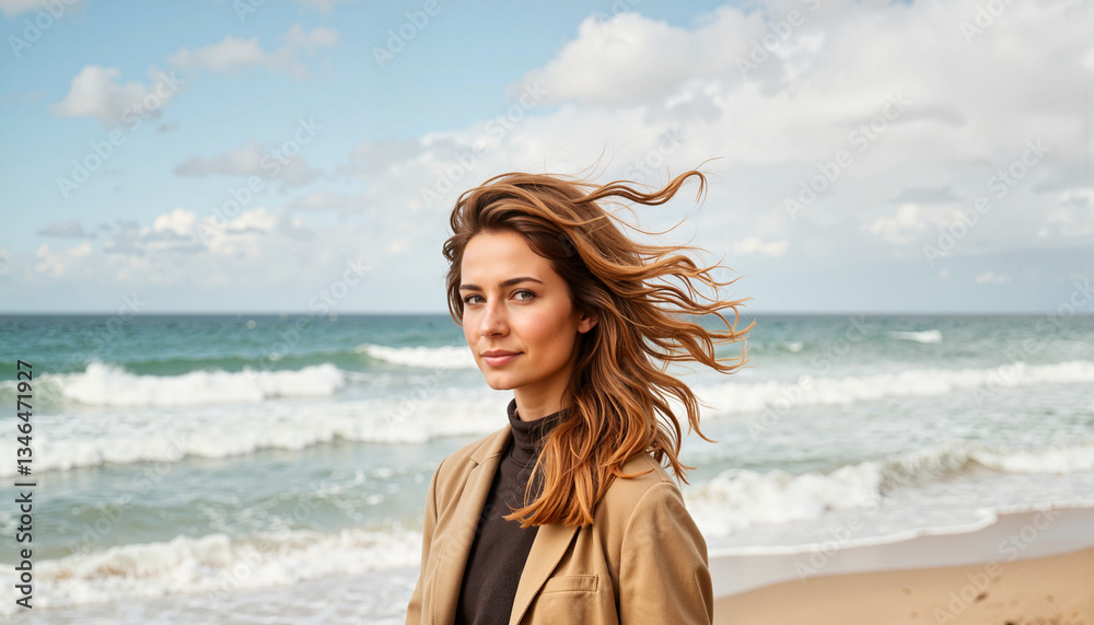 Young woman with flowing hair standing by the ocean
Young woman with flowing hair standing by the ocean