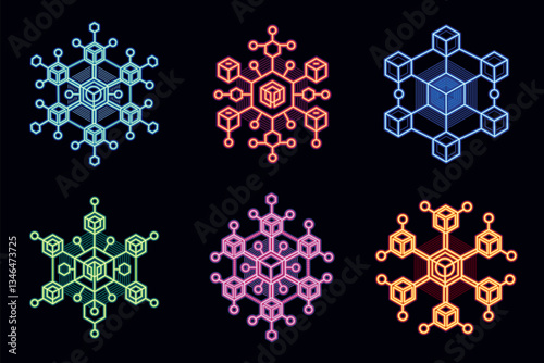 Futuristic Hexagonal Cyber Tech Design. Unique neon snowflakes in the style of technological minimalism. Ideal for futuristic designs, winter projects, and high-tech decoration.