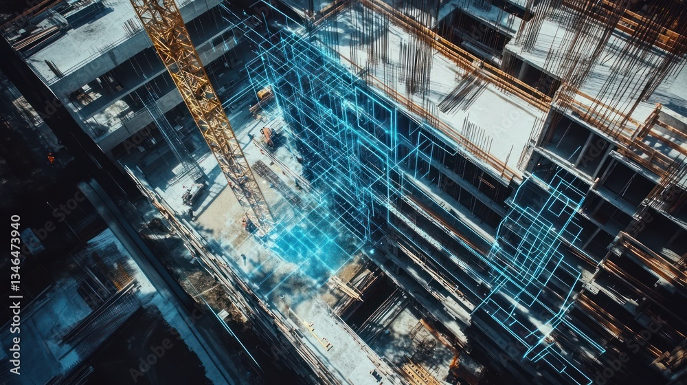 Aerial view of construction site with digital blueprint overlay. Possible use Architectural visualization or technology in construction Aerial view of construction site with digital blueprint overlay. Possible use Architectural visualization or technology in construction