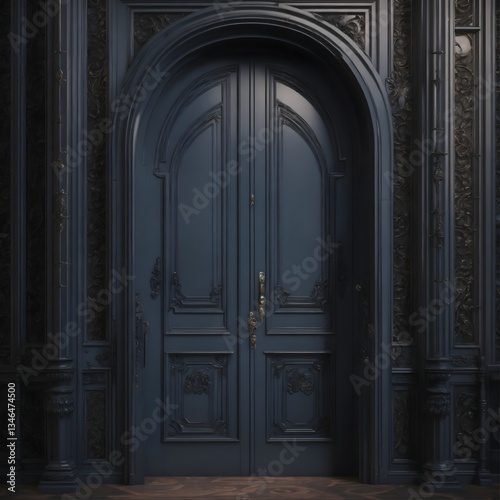 A black door with gold accents and a gold doorknob
