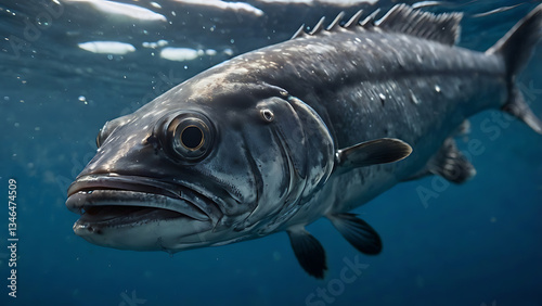 Underwater View of a Large Tarpon Fish Swimming in the Deep Ocean