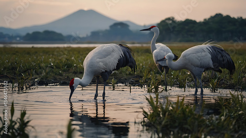 Whooping Cranes Wading in Shallow Water with Mountain Backdrop Scene